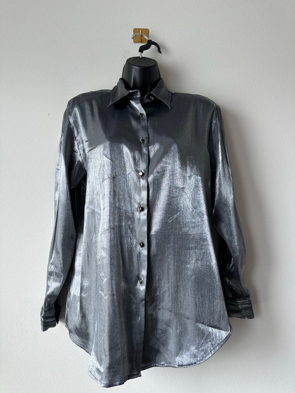 Vintage 90s Metallic Silver Button Down Blouse Liquid Metal Glam Shoulder Pads 8